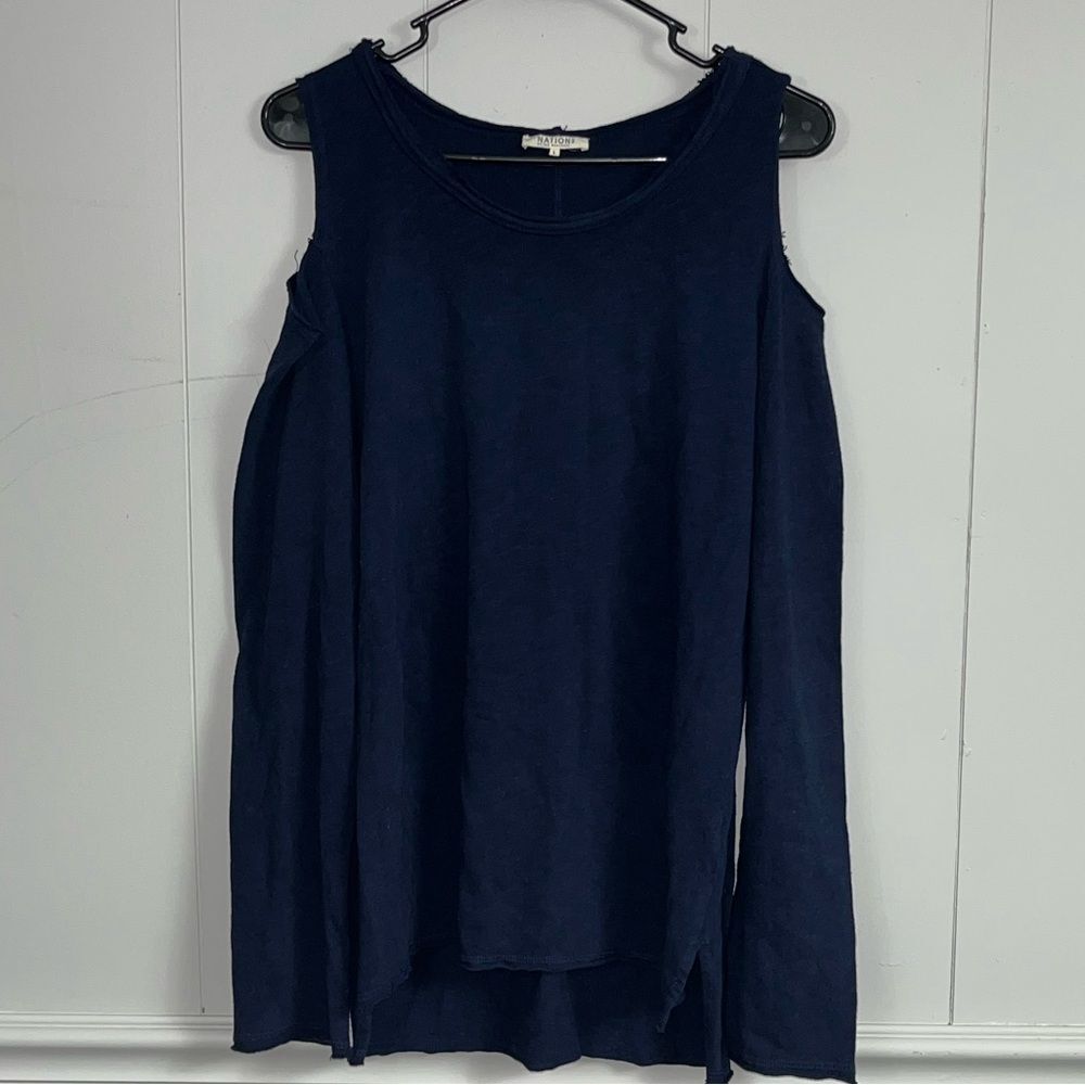 Nation Ltd Jen Menchaca Navy Blue Cold Shoulder Long Sleeve Sweater Size Large